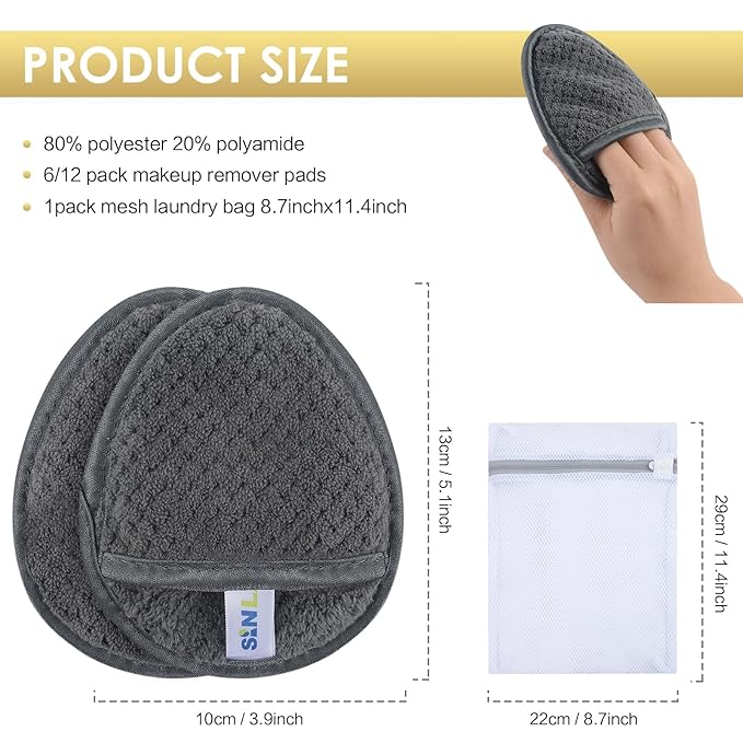 SINLAND Reusable Makeup Remover Pads For Face,Eye,Lips Microfiber Gentle Facial Cleansing Cloths for All Skin Types Friendly for Makeup Remover With Laundry Bag 5.1inchx3.93inch Gray Pack of 6-VivaGrace Women