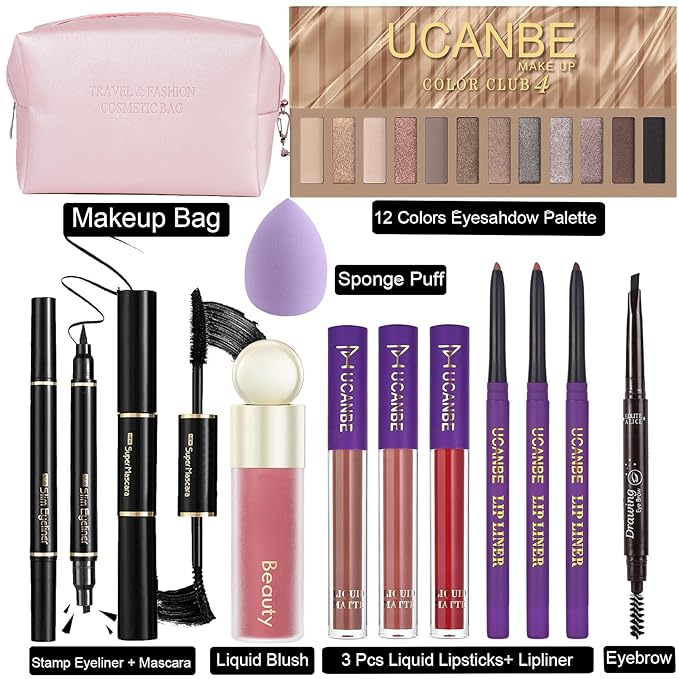 UCANE All In One Makeup Sets For Women, Naked Eyeshadow, Lipsticks, Lipgloss, Mascara, Eyeliner, Eyebrow Pencil, Liquid Blush, Cosmetic Bag, Beauty Gift Kit For Teens-VivaGrace Women