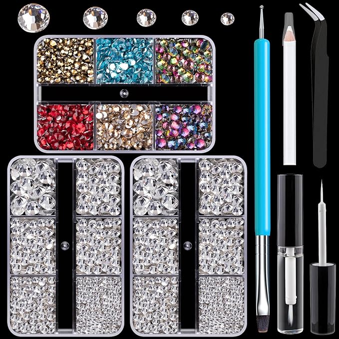 Colorful Face Gems for Makeup Set, Flatback Gorgeous Glass Clear Gems+Mixed-Colored Crystals with Picker Pencil, Makeup Glue, Dual-End Dotting Tool, Tweezer for Eye Body Hair Make-up and Nail Art Deco-VivaGrace Women