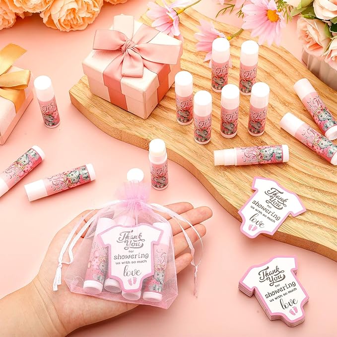 Demissle 50 Pcs Baby Shower Lip Balm Gift Set with 100 Pcs Organza Bags Baby Shower Party Favor for Guest Thank You Tag Rope Baby Shower Party Decoration Gender Reveal Souvenirs(Elephant)-VivaGrace Women
