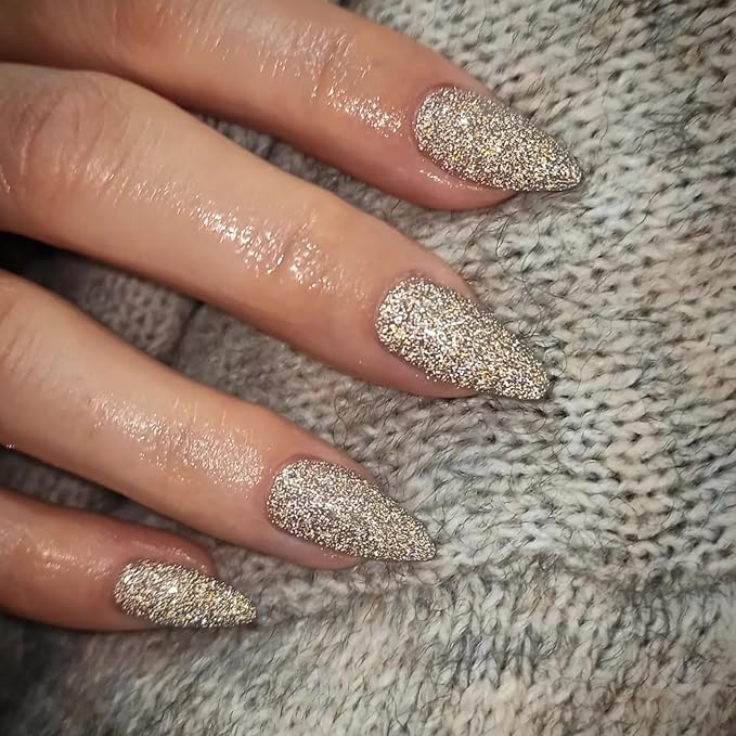 KQueenest Light Gold Press on Nails Cute, Glitter Press on Nails Almond Medium, Bling Sparkle Fake Nails Press ons, Luxury Shiny Glue on Nails Medium, Festival Stick on Nails For Women Wear in 24 Pcs