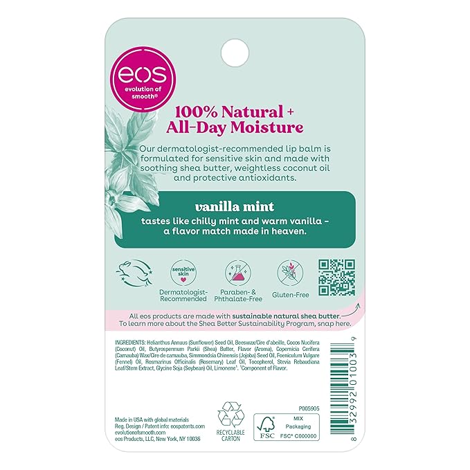 eos 100% Natural Lip Balm- Vanilla Mint, All-Day Moisture, Made for Sensitive Skin, Lip Care Products, 0.25 oz-VivaGrace Women