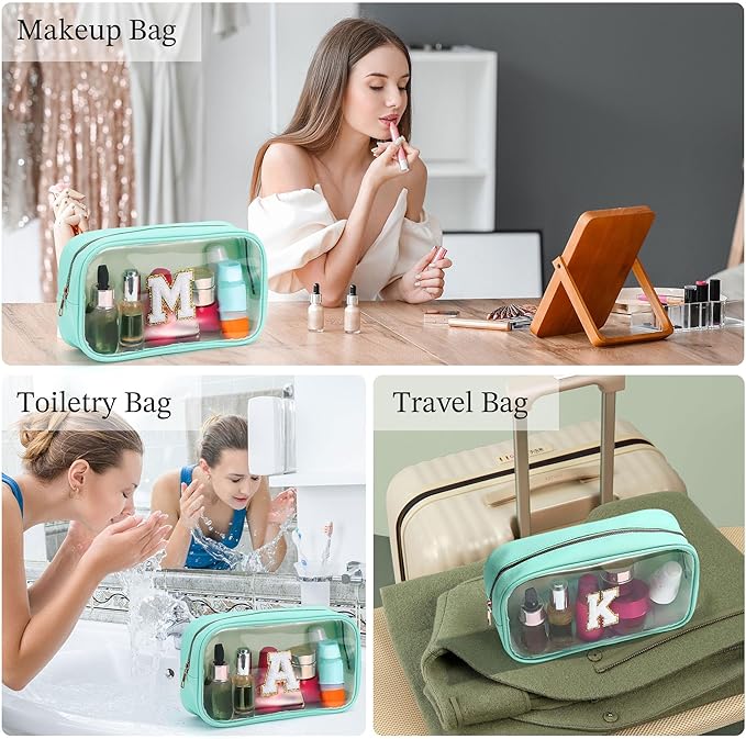 YOOLIFE Initial Travel Toiletry Bag, Clear Makeup Bag Preppy Cosmetic Bags Organizer Travel Essentials Gifts for Women Teen Girlfriend Teacher Mom Birthday Clear Makeup Bags With Zipper Blue I-VivaGrace Women