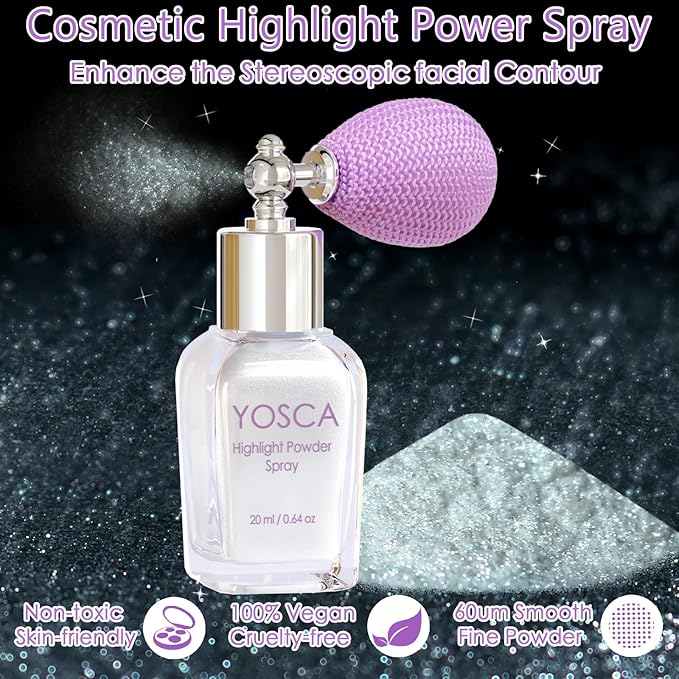 Yosca Highlighter Powder Spray, 20ML Cosmetic Grade Shimmer Powder Diamond Glitter Spray Sparkle Highlighter Makeup Festival Concert Accessorise for Rave Clothes Hair Face Nail Art - Silver Dust-VivaGrace Women