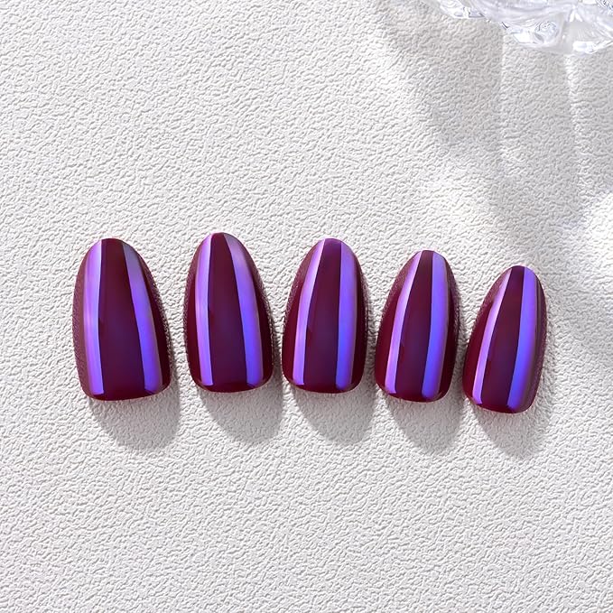Chrome Press on Nails Short Almond, Purple-Blue Press on Nails Almond, Fashion Gel Fake Nails, Reusable Glossy Stick on Nails for Women, Glue on Nails Kit,15 Sizes - 30Pcs