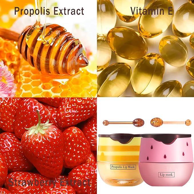 4PCS Bee Lip Balm Lip Mask Honey Pot,Honey & Strawberry Lip Mask Propolis Moisturizing Lip Balm with Stick - Hydrating Prevention Dry & Cracked Lip Scrubs Exfoliato Lip Wrinkle Care(Honey&Strawberry)-VivaGrace Women