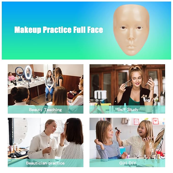 Makeup Practice Mannequin Face, 5d Reusable Silicone Makeup Practice Board Full Face with Makeup Brushes Sponge Set and Eyeshadow Board Makeup Kit for Emerging Makeup Artist, Girl's Gift-VivaGrace Women