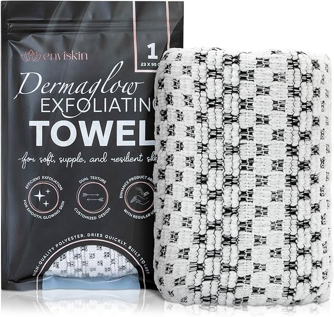 Dermaglow Exfoliating Towel - Dual-Texture Washcloth for All Skin Types - Easy-to-Use Japanese exfoliating Shower Towel for Women & Men - Body Scrubber Wash Cloth - Black