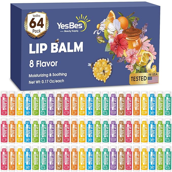 64 Pack Lip Balm, Natural Lip Balm Bulk with Vitamin E and Coconut Oil, Moisturizing Lip Balm for Dry Cracked Lips, Lip Balm for Stocking Stuffers - 8 Flavors-VivaGrace Women