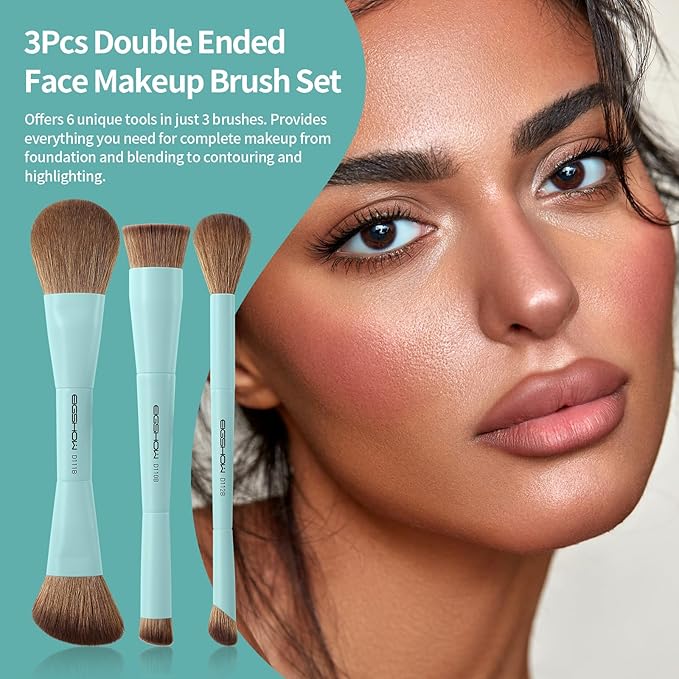 EIGSHOW Makeup Brush Set, 3Pcs Dual Ended Face Makeup Brushes for Foundation Powder Contour Highlight Concealer Nose Shadow, Travel Gift Set (Cyan)-VivaGrace Women