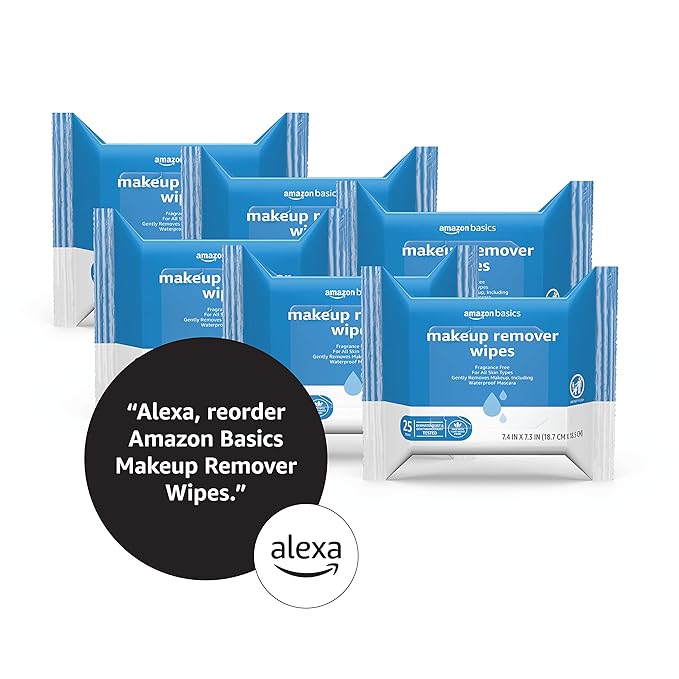 Amazon Basics Makeup Remover Wipes, Fragrance- and Alcohol-Free, Gentle Cleansing, Removes Waterproof Mascara, Dermatologist Tested, 25 Count, Pack of 6 (Previously Solimo)