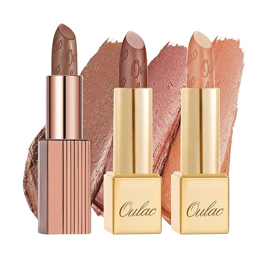 Oulac Metallic Brown Lipstick Set 3PCS, Comfortable Creamy Texture, Smooth No Grainy Feeling, Vegan & Gluten Free, Full-Coverage Lip Makeup, 3 X 4.3 g, 604+24+GM10-VivaGrace Women