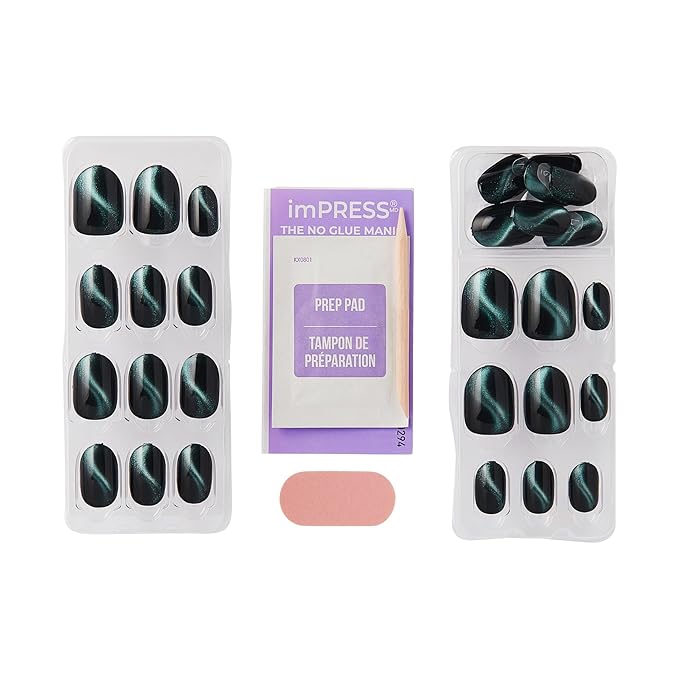 WICKED X imPRESS Design Press On Nails , The EASIEST NO GLUE Mani, Super Hold Adhesive, ‘Land of OZ’, Green, Short Oval, Includes 30 Fake Nails, 1 Prep Pad, 1 Manicure Stick, 1 Mini File