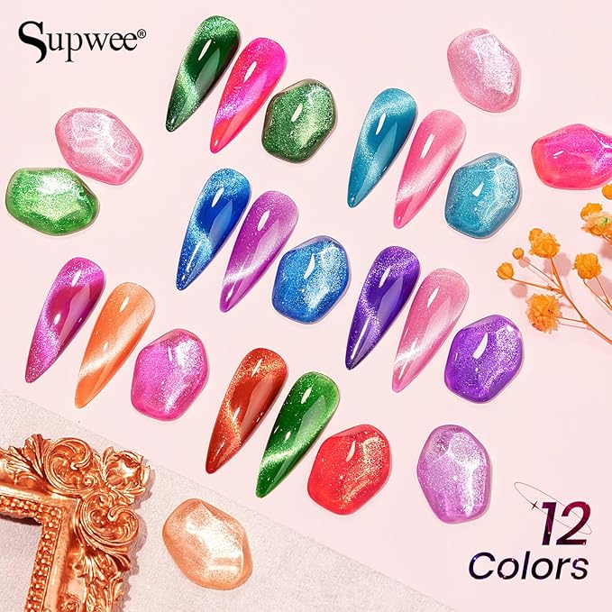 Neon Cat Eye Gel Polish Set with Magnetic, Sparkle Glitter Cateye Nail Polish Gel Holographic Magnetic Gels Polish Long Lasting Soak Off UV Gels for Professional Nail Salon or DIY at Home