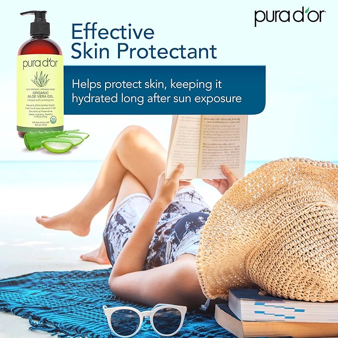 PURA D'OR 16 Oz ORGANIC Aloe Vera Gel - Lemongrass - All Natural - ZERO Artificial Preservatives - Deeply Hydrating & Moisturizing - Sunburn, Bug Bites, Rashes, Small Cuts, Eczema Relief - Skin & Hair-VivaGrace Women