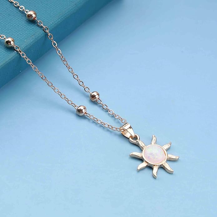 Vintage Opal Crystal Sun Pendent Necklace Opal Sunburst Necklace Moonstone Sun Choker Necklace Gold Ball Chain Necklace Jewelry for Women (Gold)-VivaGrace Women