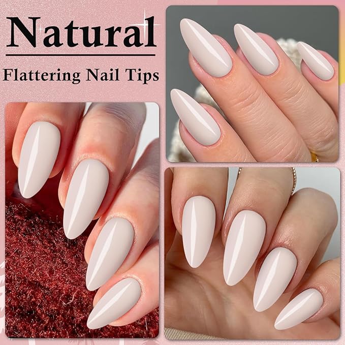 LoveOurHome 240pc Almond Press on Nails Medium Colored Fake Nail Tips Full Cover Artificial Fingernail French Stiletto Manicure with Adhesive Tabs for Women Girls Kids