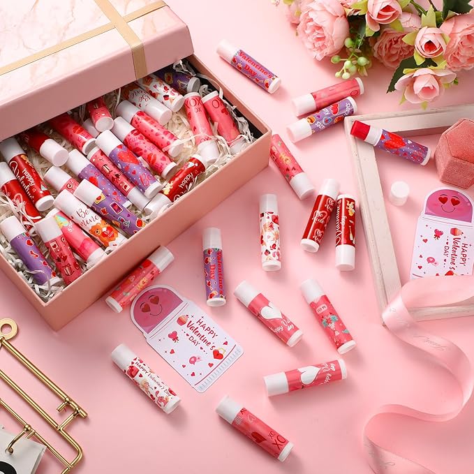 48 Pcs Valentine's Day Cherry Flavored Moisturizing Lip Balm Gloss Lipstick with 48 Pcs Valentine's Day Card Bulk Party Supplies Lip Care Gift Men Women and Children, 12 Styles-VivaGrace Women