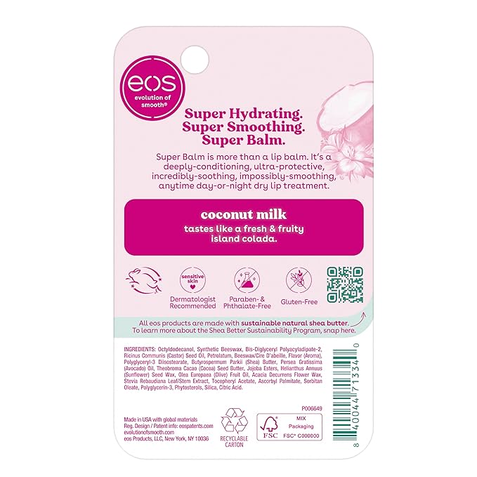 eos 24H Moisture Super Balm- Coconut Milk, Lip Mask, Day or Night Lip Treatment, Made for Sensitive Skin, 0.35 fl oz-VivaGrace Women