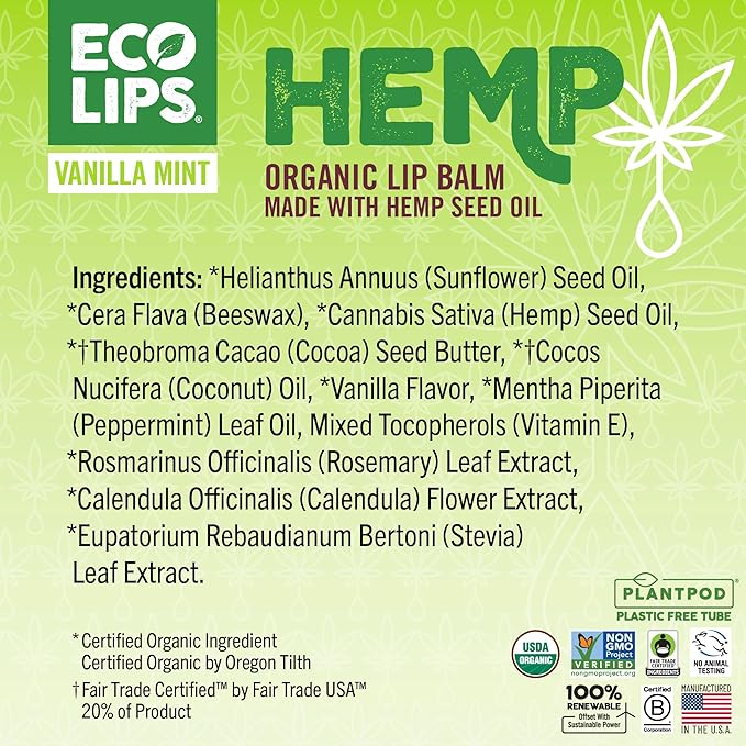 Eco Lips Organic Hemp Lip Balm with Beeswax, Coconut Oil, Vitamin E. Best Lip Balm to Soothe & Moisturize Dry, Chapped Lips (Vanilla Mint, 6-Pack)-VivaGrace Women