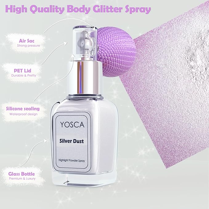 Yosca Highlighter Powder Spray, 20ML Cosmetic Grade Shimmer Powder Diamond Glitter Spray Sparkle Highlighter Makeup Festival Concert Accessorise for Rave Clothes Hair Face Nail Art - Silver Dust-VivaGrace Women