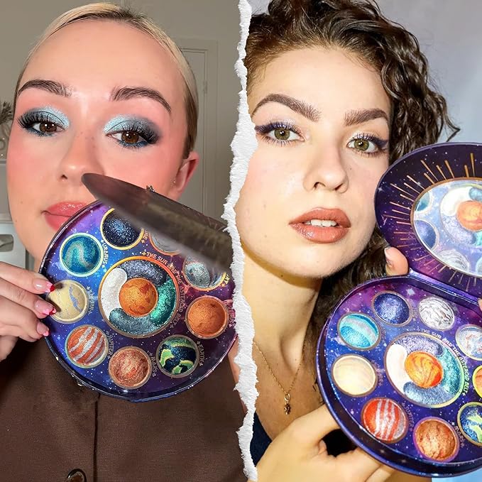 Galactic Assemble Eyeshadow Palette 14 Colors Glitter Shimmer Metallic Eye Shadow Pallet Blue Galaxy Eye Makeup Palettes Create Space-like Eyes Make up Orange Gifts for Women Girls-VivaGrace Women