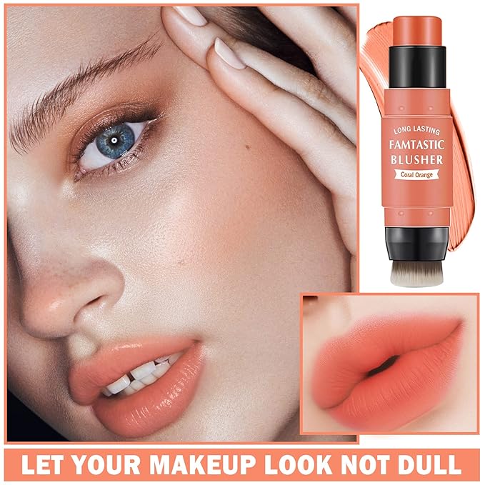 Cream Blush Stick with Brush,Waterproof Blush Makeup,Long Lasting 3 In 1 Cheek Blush & Lip Tint & Eye Shadow Makeup Stick,Easy To Use Blends Effortlessly,Cream Blush Makeup for All Skin Tones - Coral Orange-VivaGrace Women