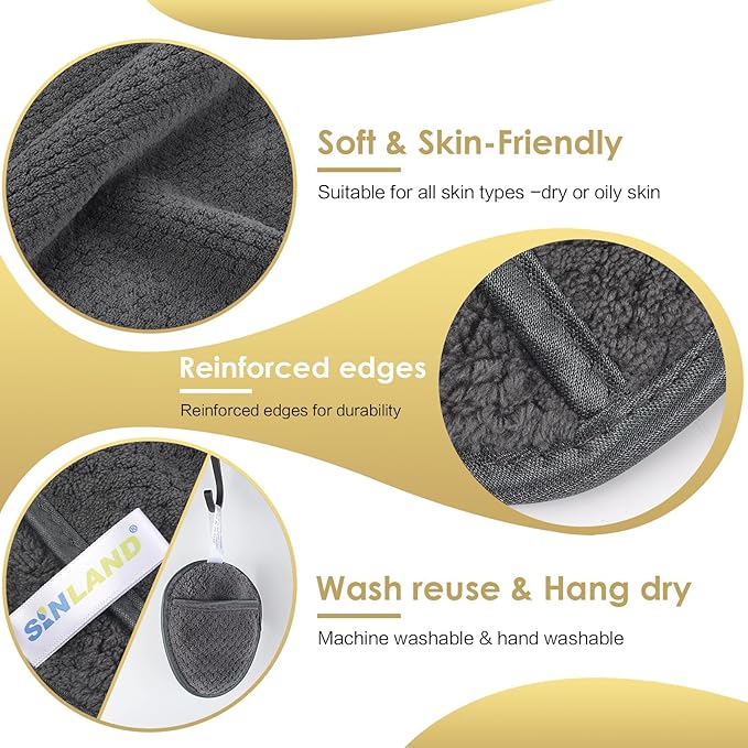 SINLAND Reusable Makeup Remover Pads For Face,Eye,Lips Microfiber Gentle Facial Cleansing Cloths for All Skin Types Friendly for Makeup Remover With Laundry Bag 5.1inchx3.93inch Gray Pack of 6-VivaGrace Women