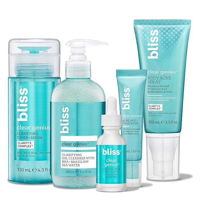 Bliss Acne-Prone Skin Bundle - Clear Genius Toner, Body Spray, Spot Treatment BHA Salicylic Acid and Clarifying Peel & Cleanser-VivaGrace Women