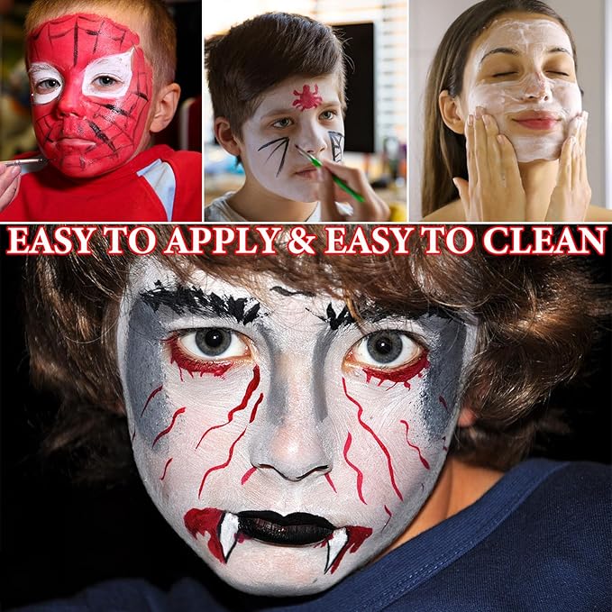 3 Pcs Halloween Face Paint Special Effects Makeup Kit,Water-based Black White Red Face Body Paint,Clown Cosplay SFX Joker Zombie White Makeup Professional Face Painting Kit for Adult-VivaGrace Women
