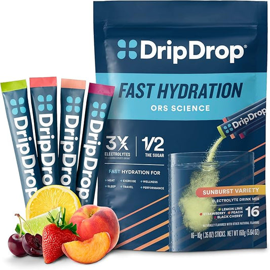DripDrop Hydration Packets - Sunburst Variety Pack - Single Serve Electrolytes Powder Drink Mix - Lemon Lime, Strawberry, Peach, Black Cherry - Non-GMO, Gluten Free, Vegan - 16 Sticks-VivaGrace Women