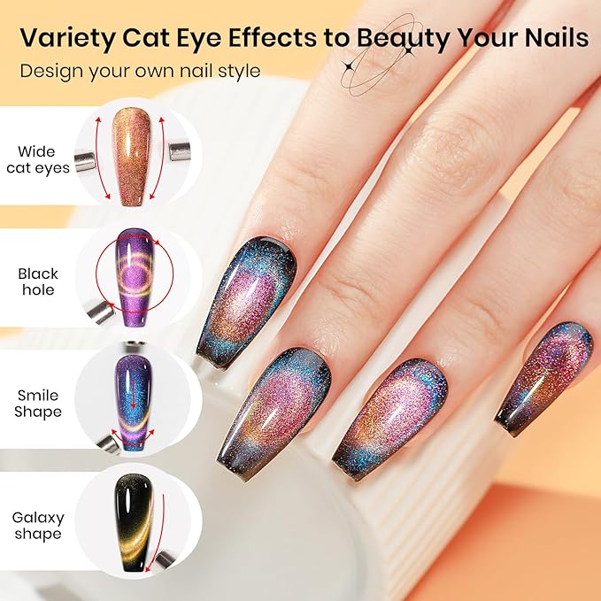 Cat Eye Gel Polish with Magnetic Stick, 12 Colors Chameleon Magnetic Gel Polish Kit Galaxy Cateyes Nail Polish Gels Collection Home DIY Manicure for Women Girl