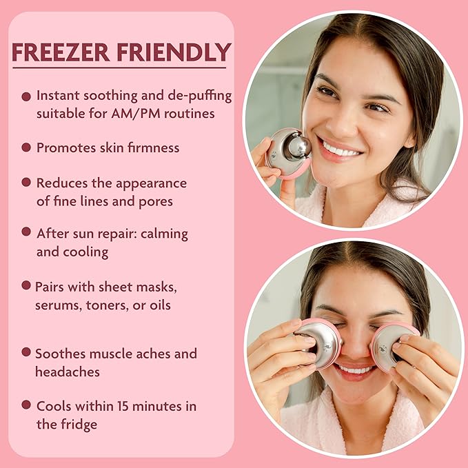Cryo-Infused Ice Roller for Face Women Pack of 2 - Ergonomic Facial Ice Roller for Eyes, Cheeks, Nose, Mouth, Neck - Travel Freezer Face Depuffer Massager - Skincare Beauty Ice Globes for Face-VivaGrace Women