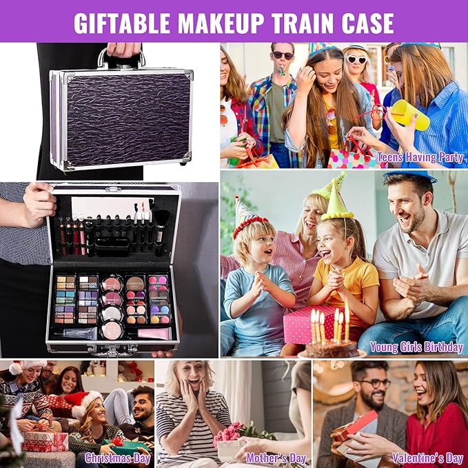 Makeup Kit for Teen Girls & Women Full Kit, Beauty Train Case with Starter Cosmetic Set, Make Up Valentine's Day Gift Box with Eyeshadow,Lipgloss,Highlighter,Blush,Lip&Eye Pencils,Brush & More(Purple)-VivaGrace Women