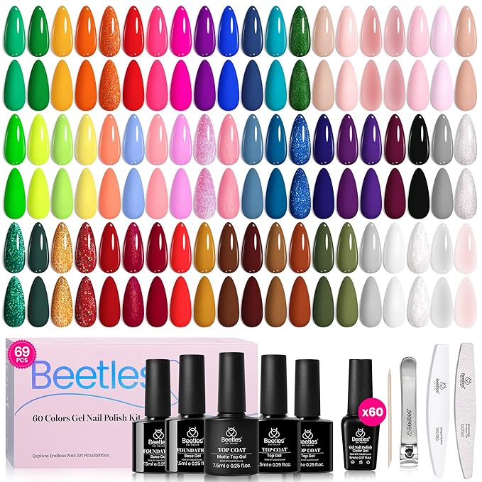 Beetles Gel Nail Polish Set, 60 Colors Fall Uv Gel Polish Kit Jelly Brown Glitter Nude Pink White Red Blue Green Color Nail Polish Base &Glossy Matte Top Coat Gift for Her Women-VivaGrace Women