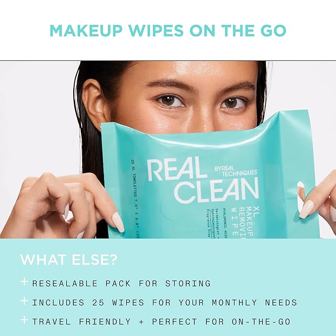 Real Techniques Real Clean XL Hydrating Facial Wipes, Infused With Hyaluronic Acid, Dual-Usage Cleansing Wipes Repair Skin & Gently Remove Makeup, Fragrance Free, 25 Count