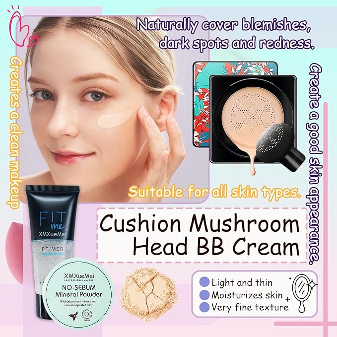 Air Cushion CC Cream Mushroom Head Foundation,Waterproof Long Lasting Loose Setting Powder,Moisturizing BB Cream Liquid Foundation Makeup Primer Concealer Base with Makeup Sponge(4PCS)-VivaGrace Women