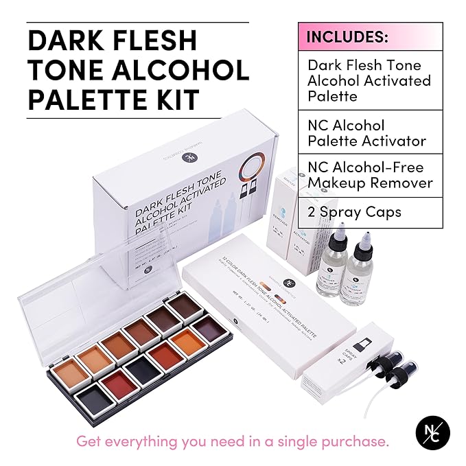 12 Color Dark Flesh Tone Alcohol Activated Makeup Palette Kit - Includes Alcohol Activator and Moisturizing Remover - Waterproof Makeup for Professional Makeup Artists-VivaGrace Women