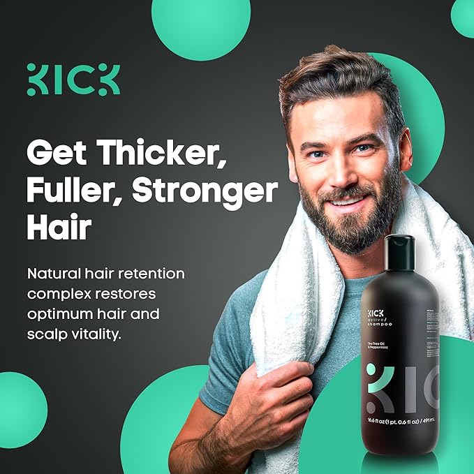 Kick Mens Shampoo - Peppermint & Tea Tree for Oil Control - Sulfate-Free, Refreshing Formula - Anti-Dandruff and Scalp Soothing - Shampoo for Oily Hair - Cruelty-Free - 16.6oz-VivaGrace Women