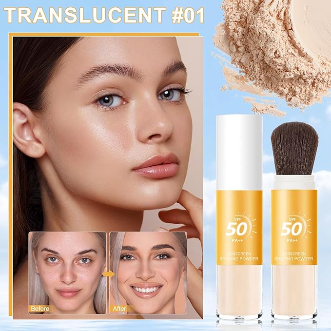 Mineral Sunscreen Setting Powder, SPF 50++ Mineral Setting Powder Sunscreen for Face with Soft Brush Powder Sunscreen for Scalp Matte Face Powder (1PC, 1.02 * 1.02 * 4.29)-VivaGrace Women