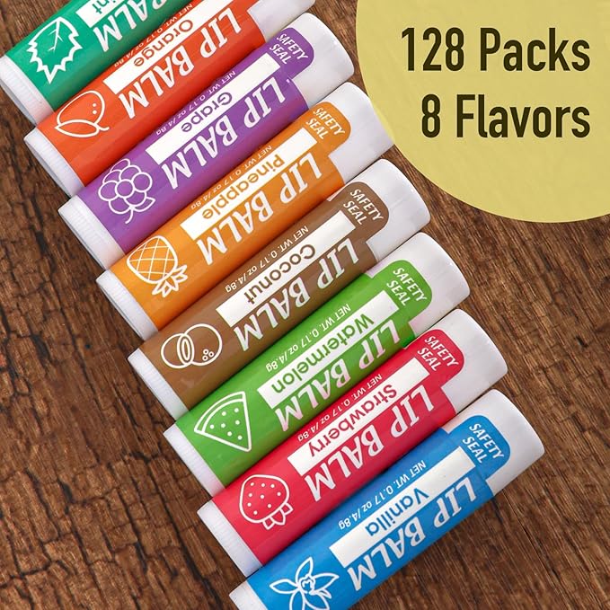 128 Pack Lip Balm, Natural Lip Balm Bulk with Vitamin E and Coconut Oil, Moisturizing Lip Balm for Dry Cracked Lips, Lip Balm for Stocking Stuffers - 8 Flavors-VivaGrace Women