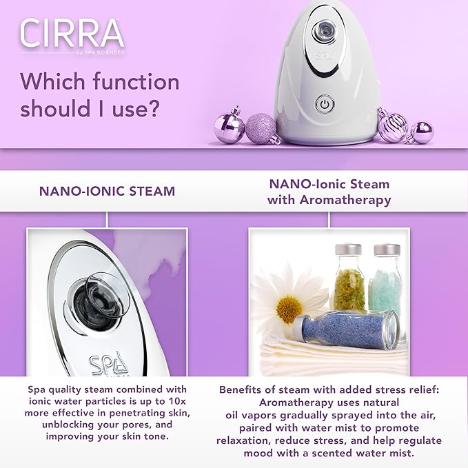Spa Sciences - CIRRA - Nano Ionic Facial Steamer with UVC Sanitizing Protection, Aromatherapy Function, Detox Pores, and Boost Circulation - Includes an Essential Oil Basket-VivaGrace Women