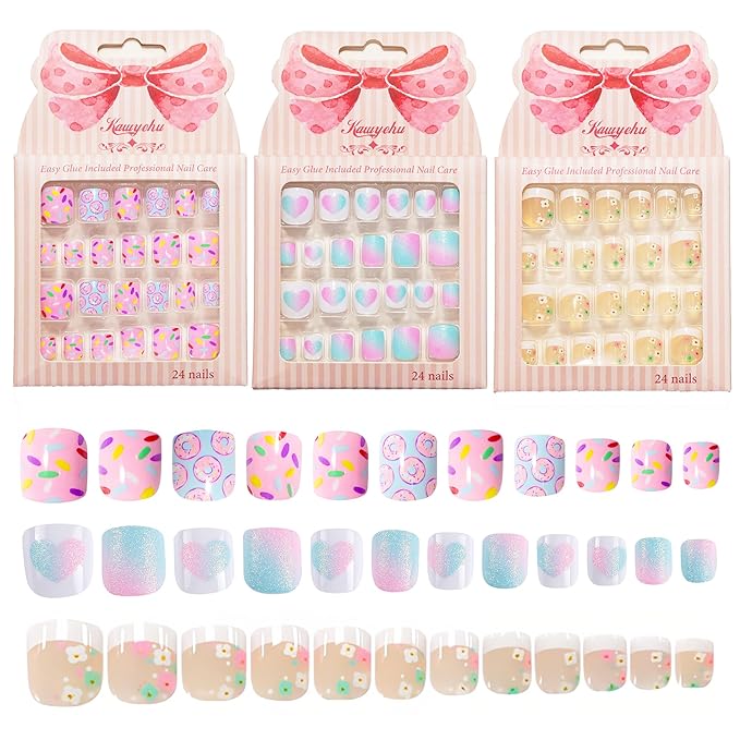 Kids Press on Nails Children Fake Nails 72PCS Artificial Nail Tips Adhesive Full Cover Short False Fingernails for Girls Kids Nail Decoration (French Donut Heart)