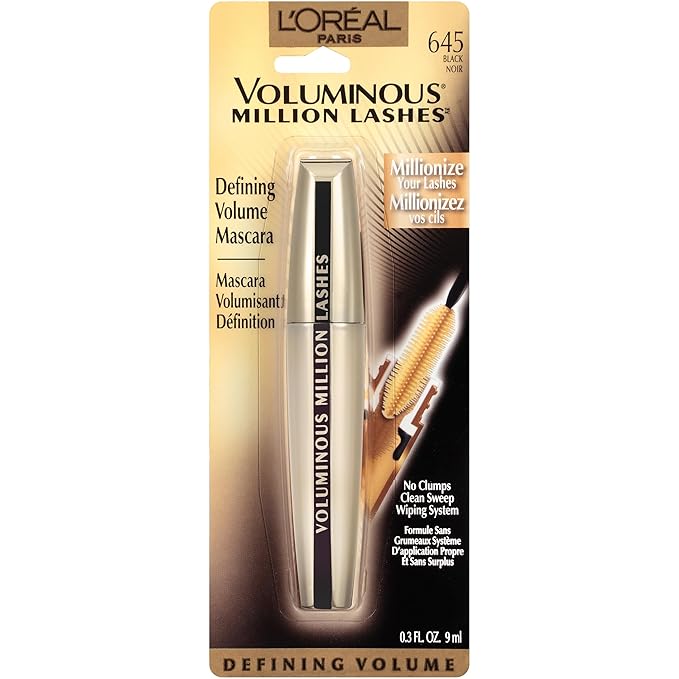 L’Oreal Paris Makeup Voluminous Million Lashes Mascara, Volumizing Collagen Infused Eye Makeup, Amplifying Mascara Brush, Washable, Black, 0.32 Fl Oz., 1 Count