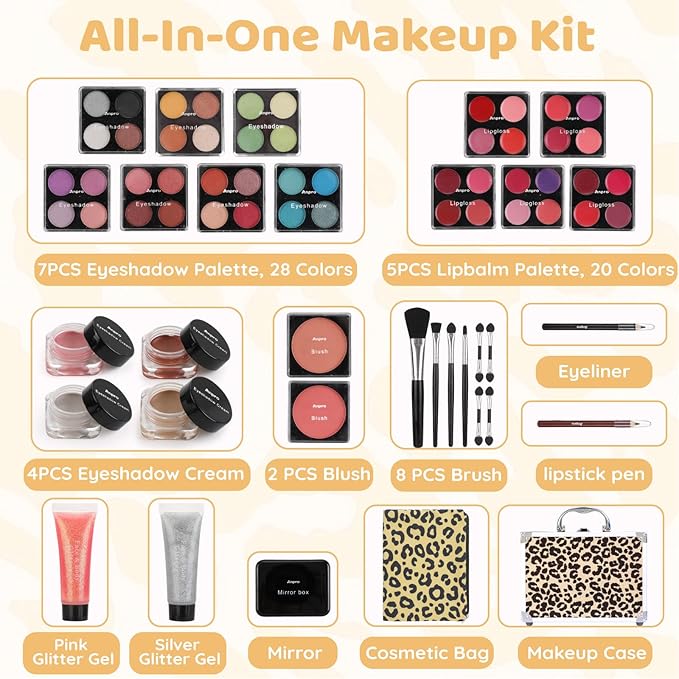 Anpro All-In-One Leopord Double Folding Makeup Carry Case with Pro Teen Makeup Set, Full Starter Kit with Makeup Brushes, Lipsticks, Eyeshadow Palette, Blushes, Glitter Gel, Ideal Present for Girls-VivaGrace Women