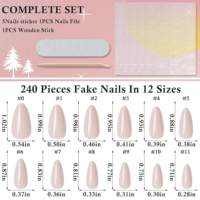 LoveOurHome 240pc Almond Press on Nails Medium Colored Fake Nail Tips Full Cover Artificial Fingernail French Stiletto Manicure with Adhesive Tabs for Women Girls Kids