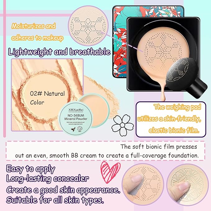 Air Cushion CC Cream Mushroom Head Foundation,Waterproof Long Lasting Loose Setting Powder,Moisturizing BB Cream Liquid Foundation Makeup Primer Concealer Base with Makeup Sponge(4PCS)-VivaGrace Women