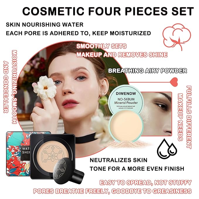 Mushroom Head Air Cushion CC Cream Full Coverage Liquid Foundation Set,Oil Control Concealer Lasting Moisturizing BB Cream,Loose Setting Face Powder Moisturizer Base Primer Makeup with Makeup Sponge-VivaGrace Women