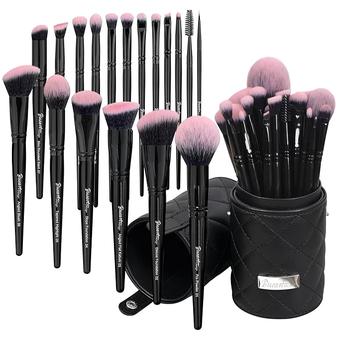 Bueart Design 18Pcs Pro Deluxe Fuchsia Pink Black Makeup Brushes set with Travel Make up Brush Holder case Foundation concealer contour Blush eyeshadow face make up brush set-VivaGrace Women