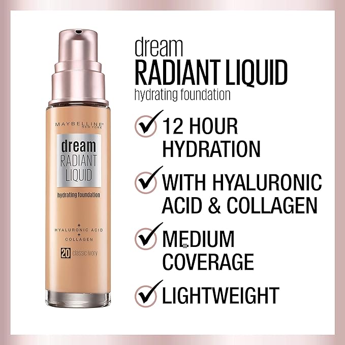 Maybelline Dream Radiant Liquid Medium Coverage Hydrating Makeup, Lightweight Liquid Foundation, Honey Beige, 1 Count-VivaGrace Women